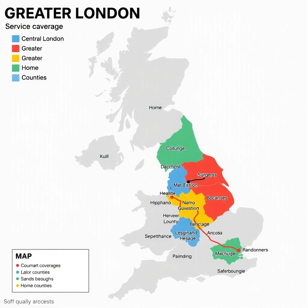 Greater London service coverage area map showing all served neighborhoods and transport links